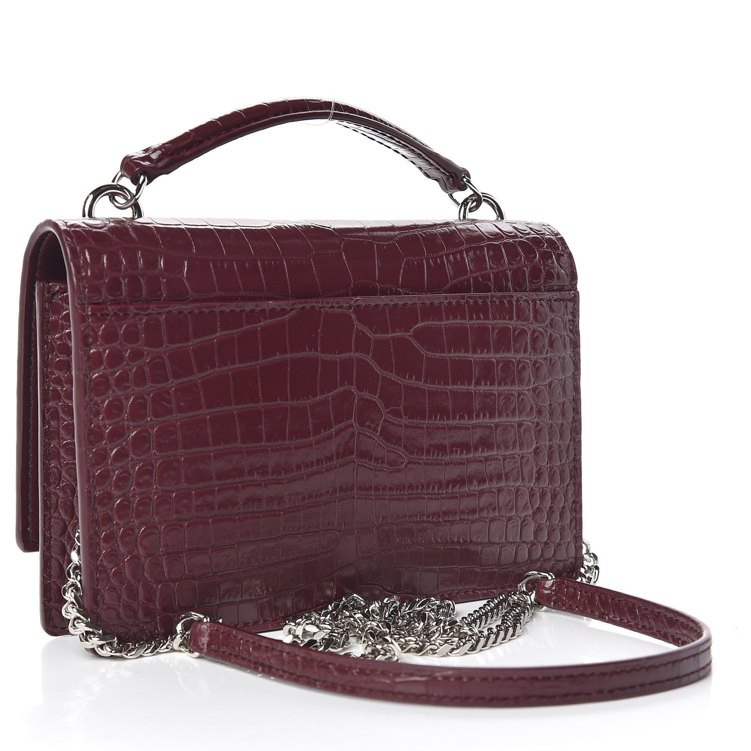 Saint Laurent Calfskin Crocodile Embossed Monogram Sunset Chain Wallet Wine 3 of 8