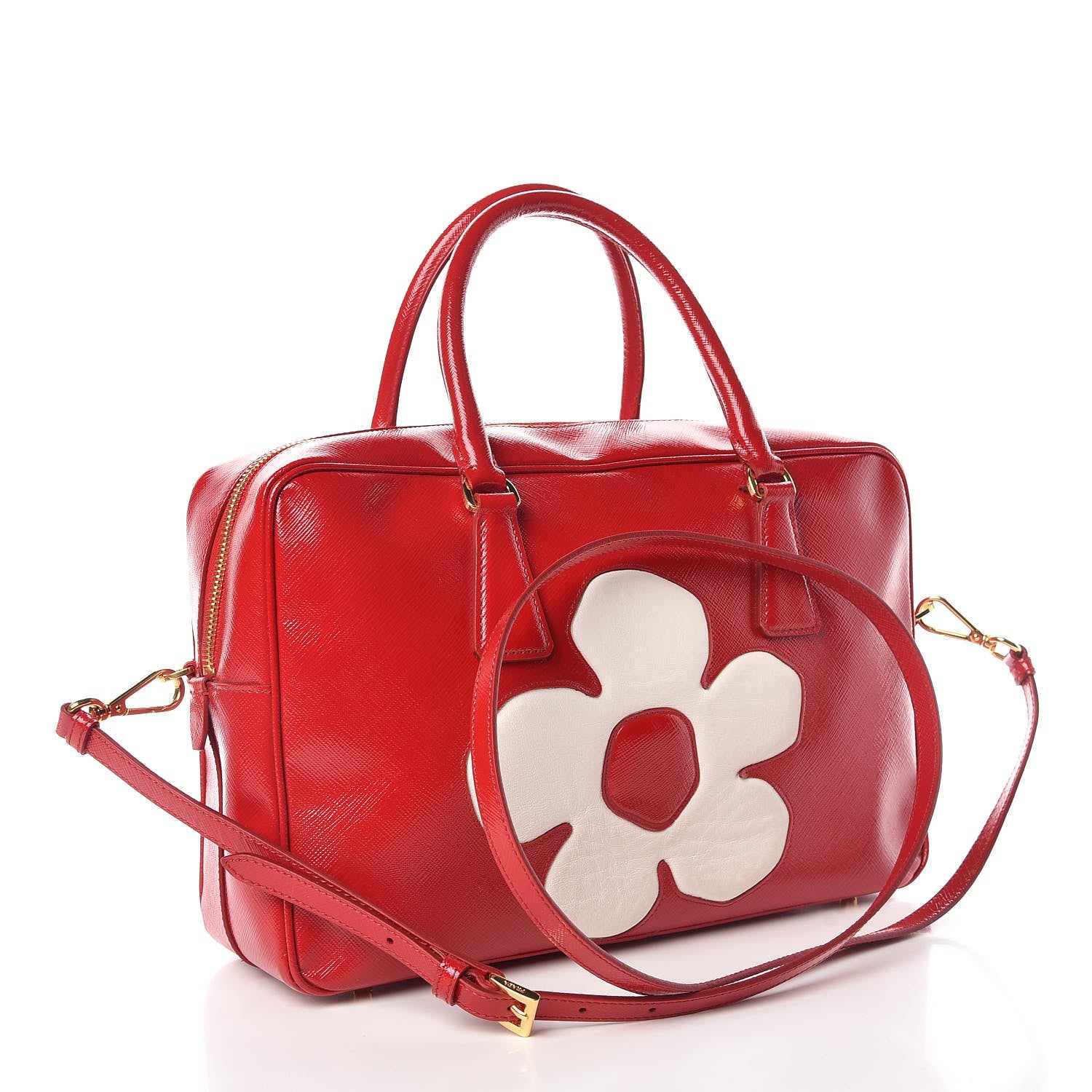 Prada Saffiano Vernice Floral Bauletto Bag Rosso Bianco 3 of 13
