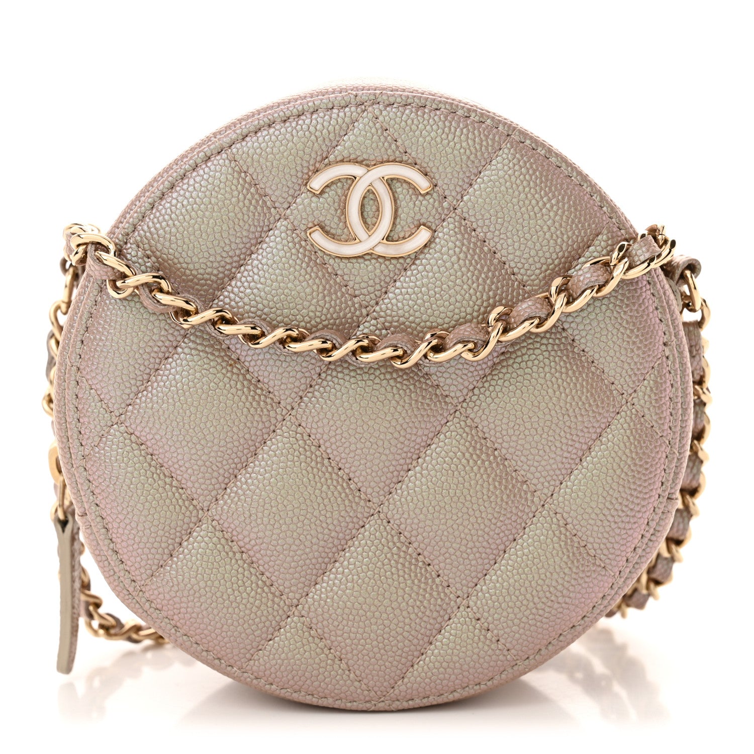Chanel Iridescent Caviar Resin Quilted Round Clutch With Chain Beige 1 of 12