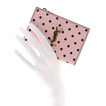 Saint Laurent Calfskin Polka Dot Monogram Bi Fold Zipped Wallet Pink Black 2 of 7