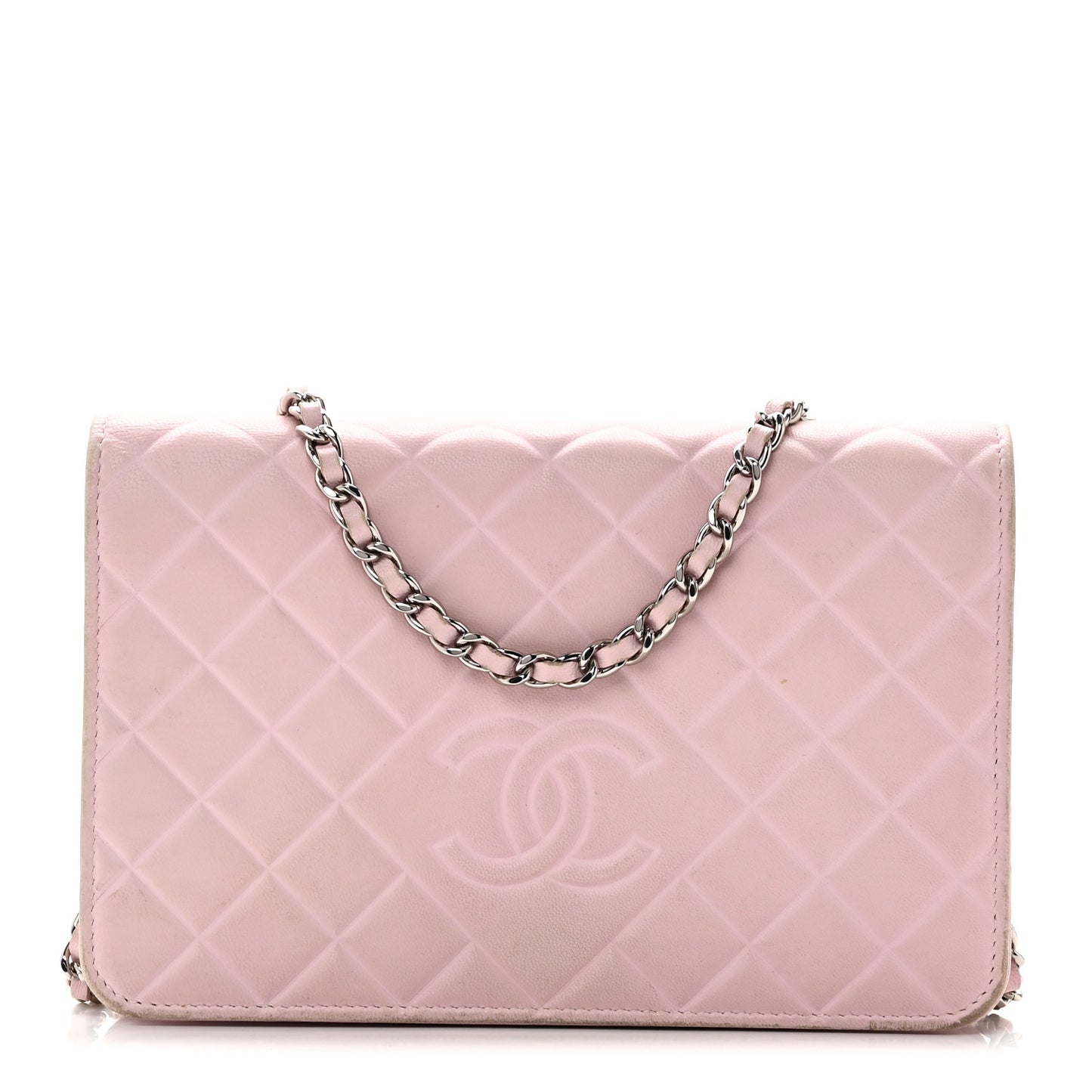 Lambskin Quilted Diamond CC Wallet On Chain WOC Pink