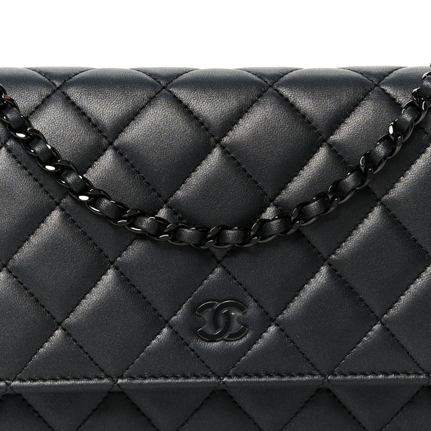 Pearly Lambskin Quilted Wallet On Chain WOC So Black