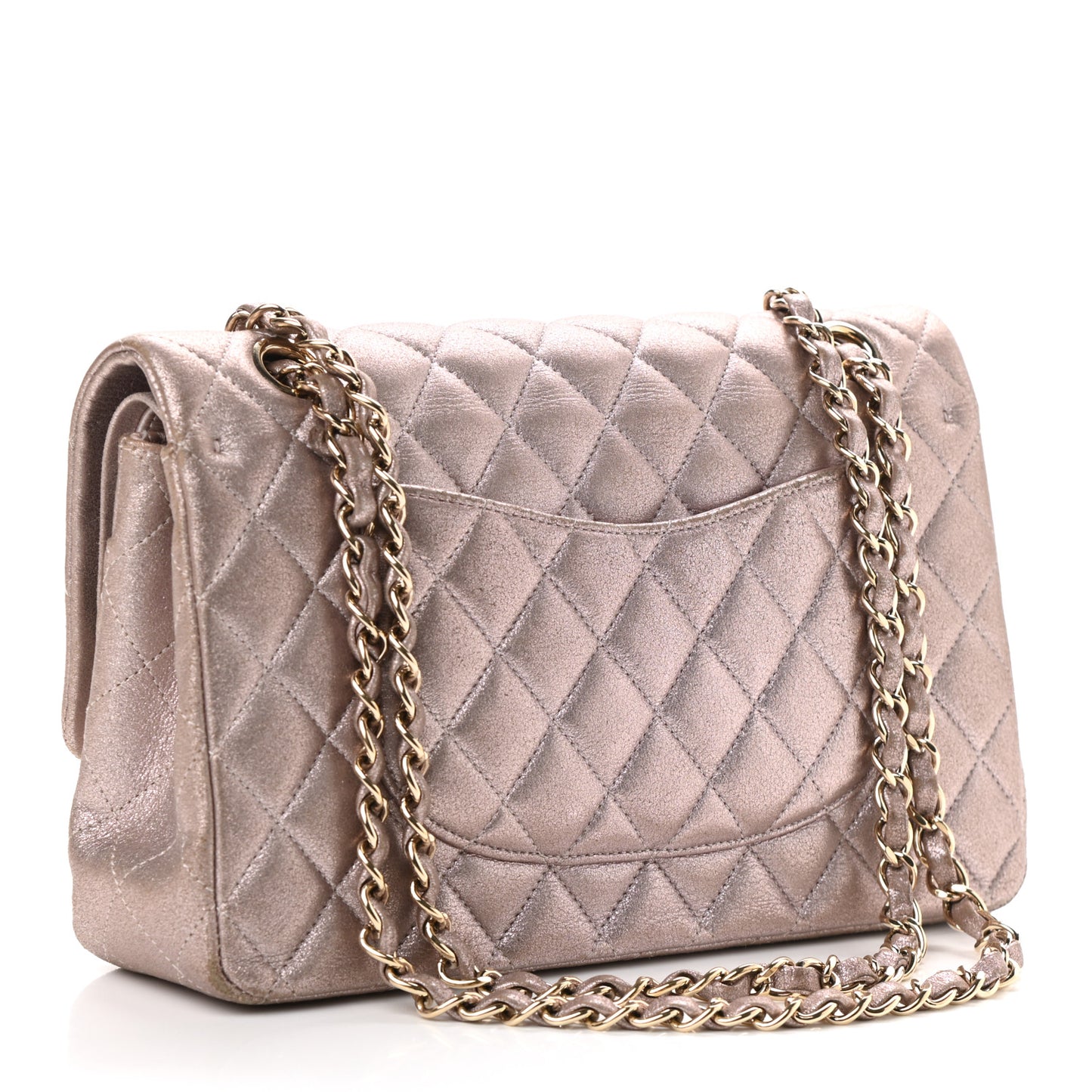 Iridescent Calfskin Quilted Medium Double Flap Light Pink