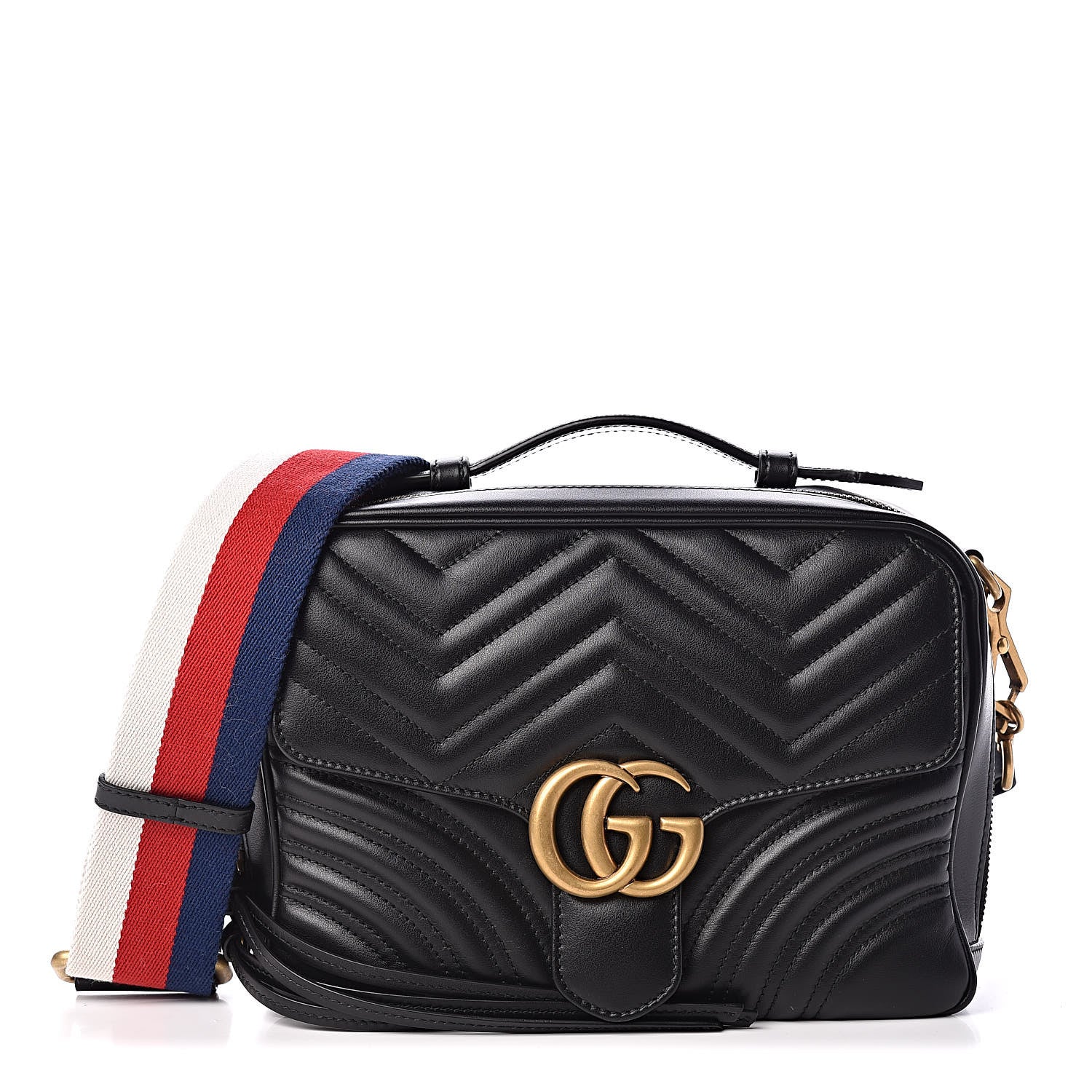 Gucci Calfskin Matelasse Sylvie Web Small GG Marmont Top Handle Shoulder Bag Black 1 of 11