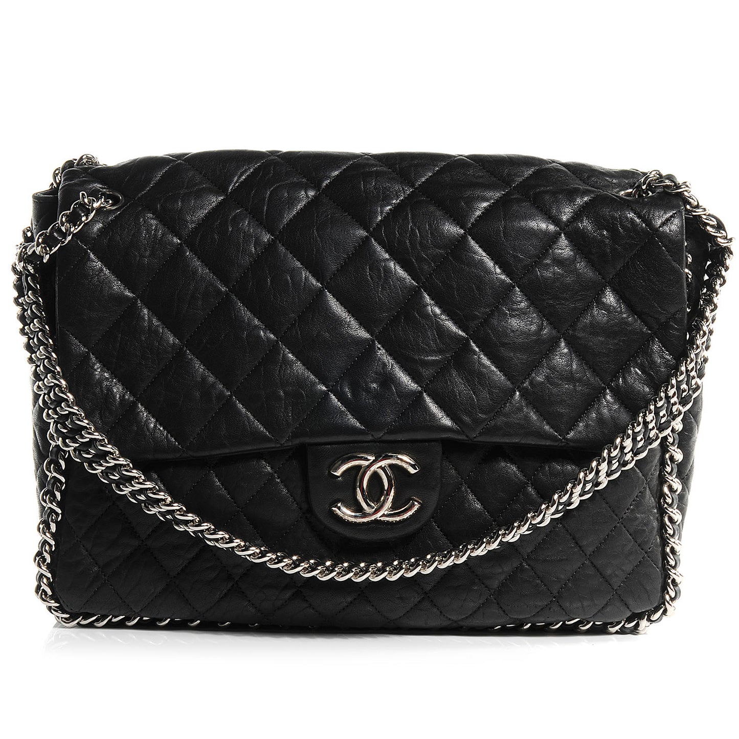 Washed Lambskin Chain Around Maxi Flap Bag Black