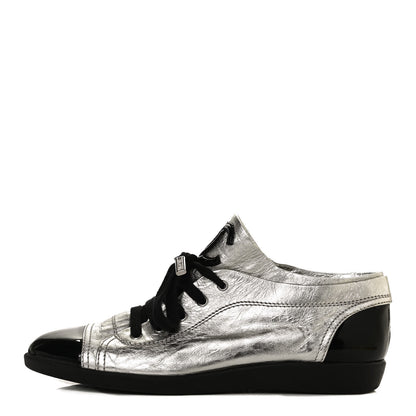 Chanel Metallic Lambskin Patent Cap Toe CC Sneakers 39.5 Silver Black 1 of 17