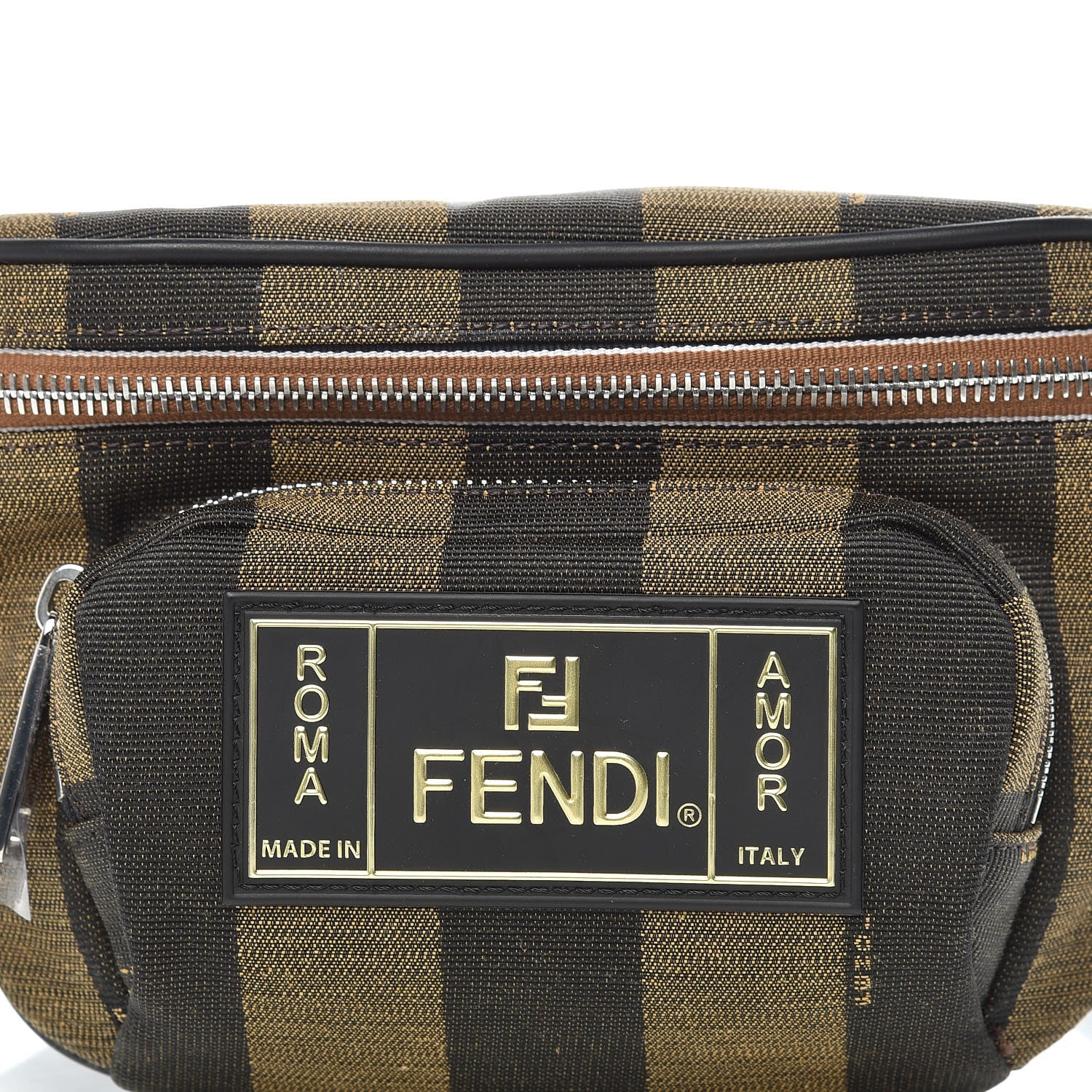 Fendi Jacquard Vitello Century Pequin Logo Plate Pocket Belt Bag Tobacco Moro Black 10 of 10