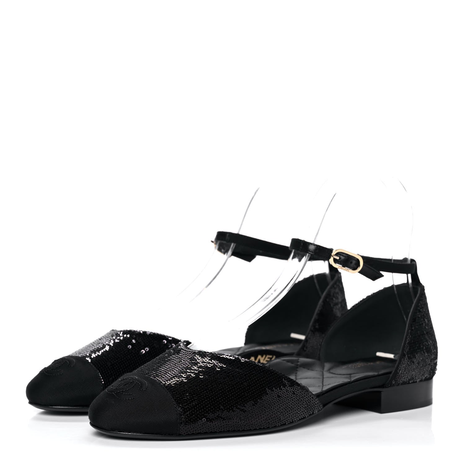 Chanel Sequin Grosgrain Cap Toe CC Ankle Strap Sandals 38.5 Black 3 of 8