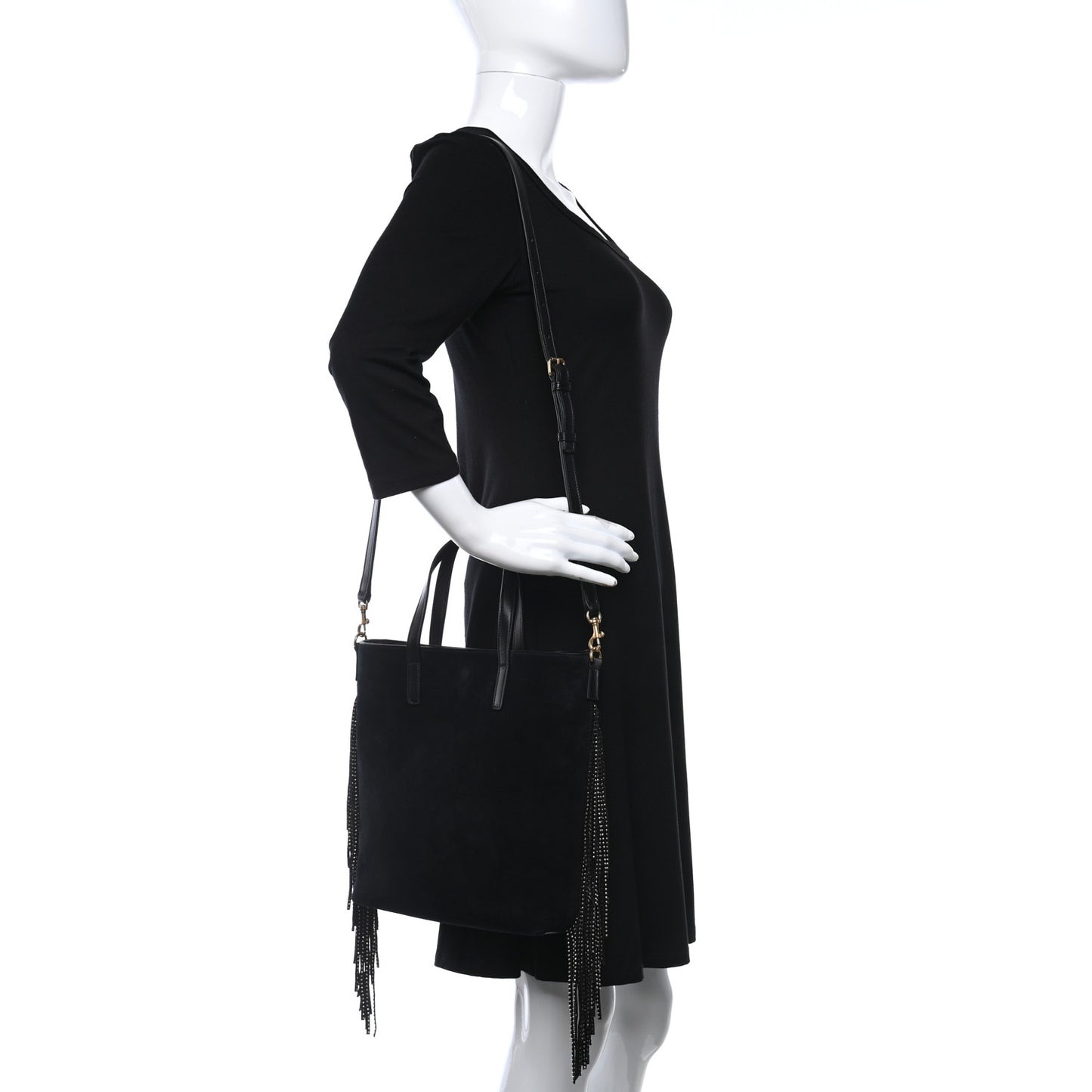 Suede Calfskin Studded Fringe Toy Shopping Tote Black