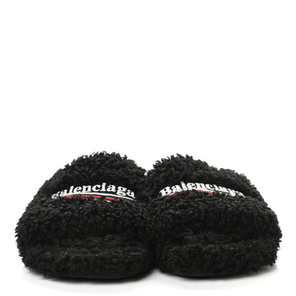 Balenciaga Faux Shearling Political Campaign Logo Slide Sandals 37 Black White Red 2 of 6