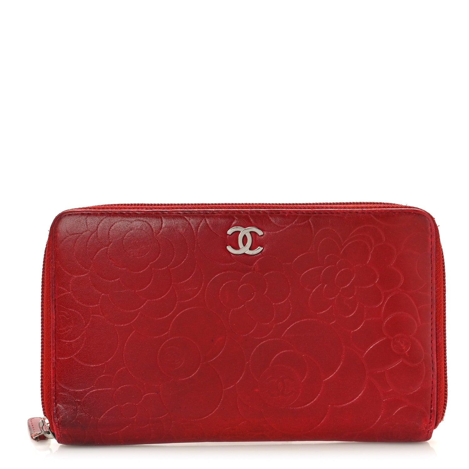 Chanel Lambskin Camellia Embossed Zip Around Organizer Wallet Red 1 of 16
