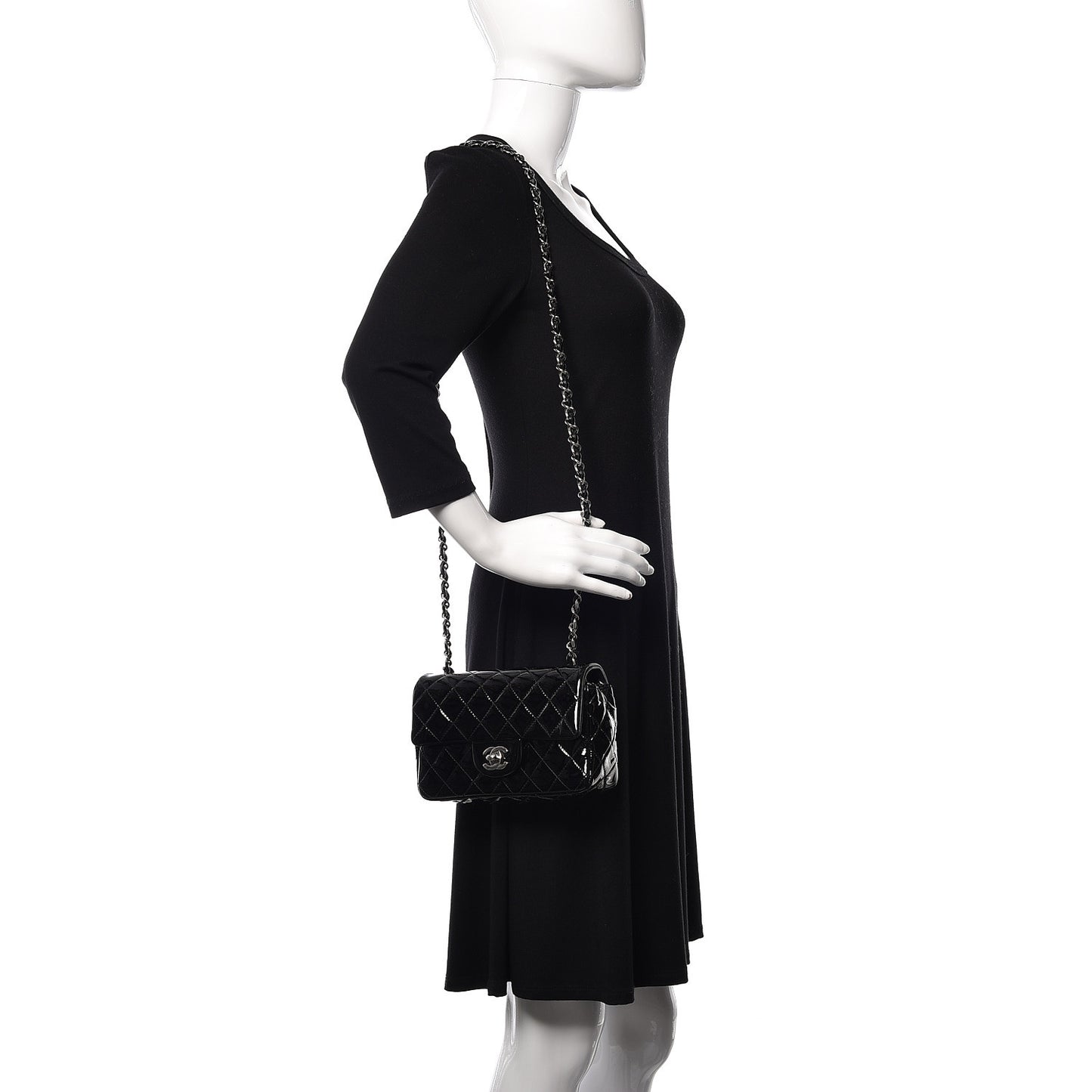 Patent Calfskin Quilted Mini Rectangular Flap Black