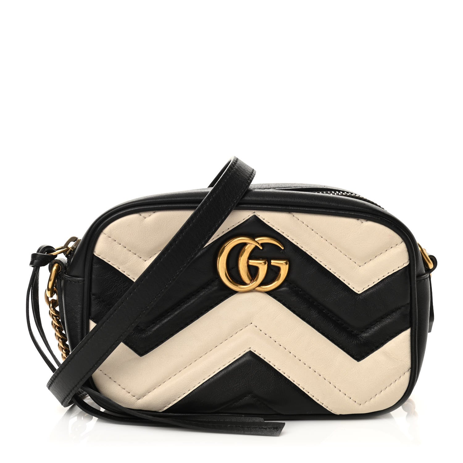 Gucci Calfskin Matelasse Mini GG Marmont Chain Shoulder Bag Black White 1 of 10