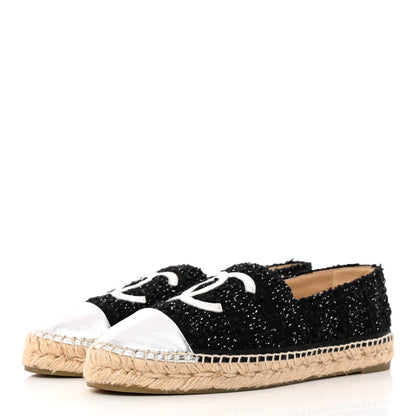 Chanel Metallic Lambskin Tweed CC Espadrilles 39 Black Silver 3 of 10