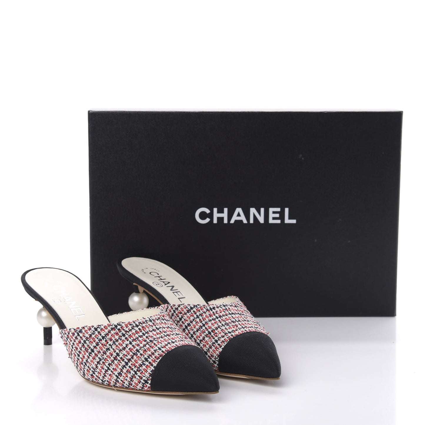 Tweed Grosgrain Pearl Cap Toe Mules 37 Black Red