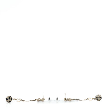 Chanel Crystal Pearl CC Ball Chain Drop Earrings Gold Black 3 of 5