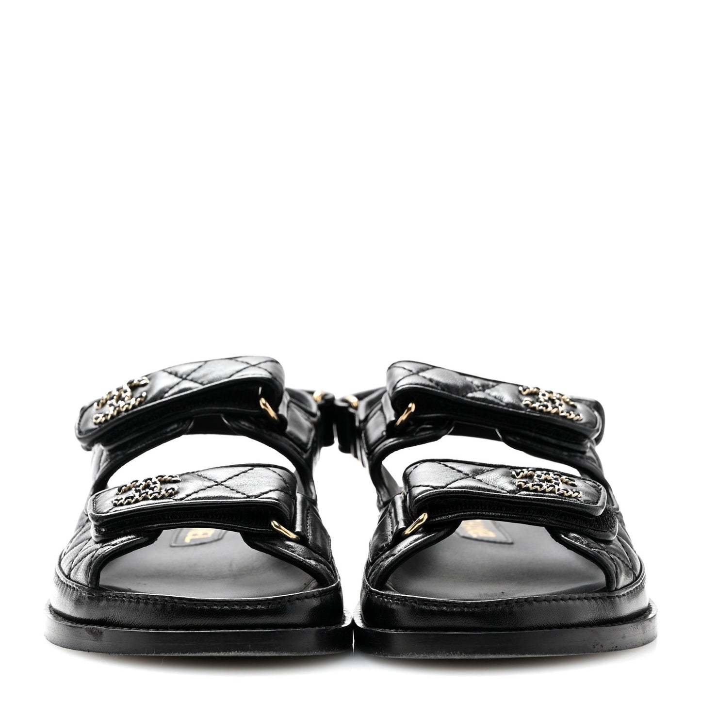 Lambskin Quilted Velcro Dad Chain CC Slide Sandals 35 Black