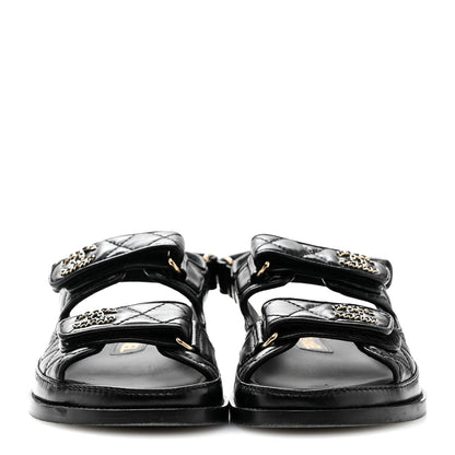 Chanel Lambskin Quilted Velcro Dad Chain CC Slide Sandals 35 Black 3 of 14