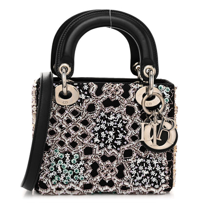 Christian Dior Satin Beaded Embroidered Mini Lady Dior Black White 1 of 9
