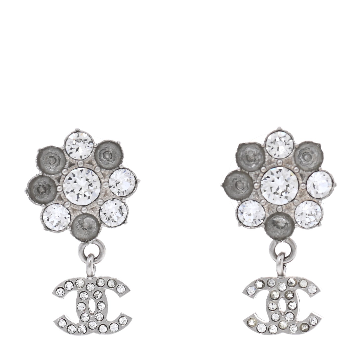 Crystal CC Flower Dangle Earrings Silver Light Grey