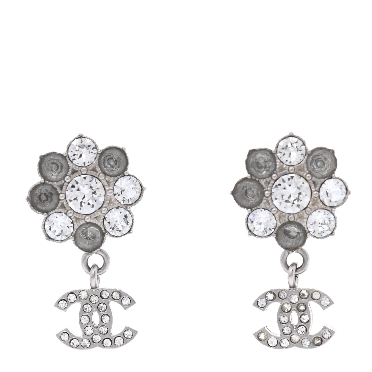 Chanel Crystal CC Flower Dangle Earrings Silver Light Grey 1 of 6