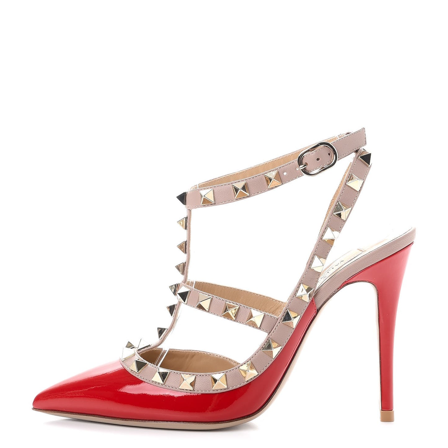 Patent Nappa Rockstud Ankle Strap 100mm Pumps 34.5 Rosso Valentino Poudre