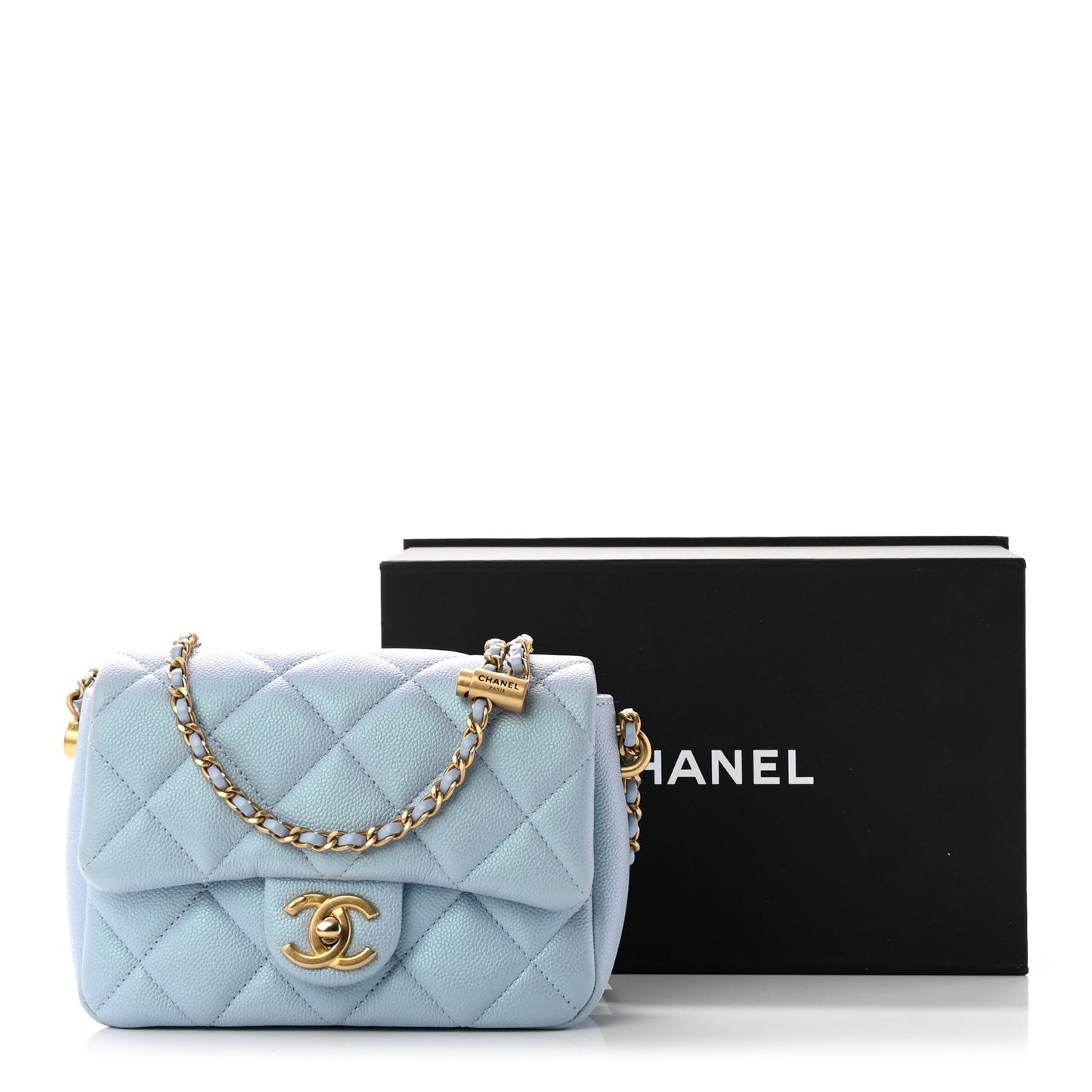 Iridescent Caviar Quilted Mini My Perfect Flap Light Blue