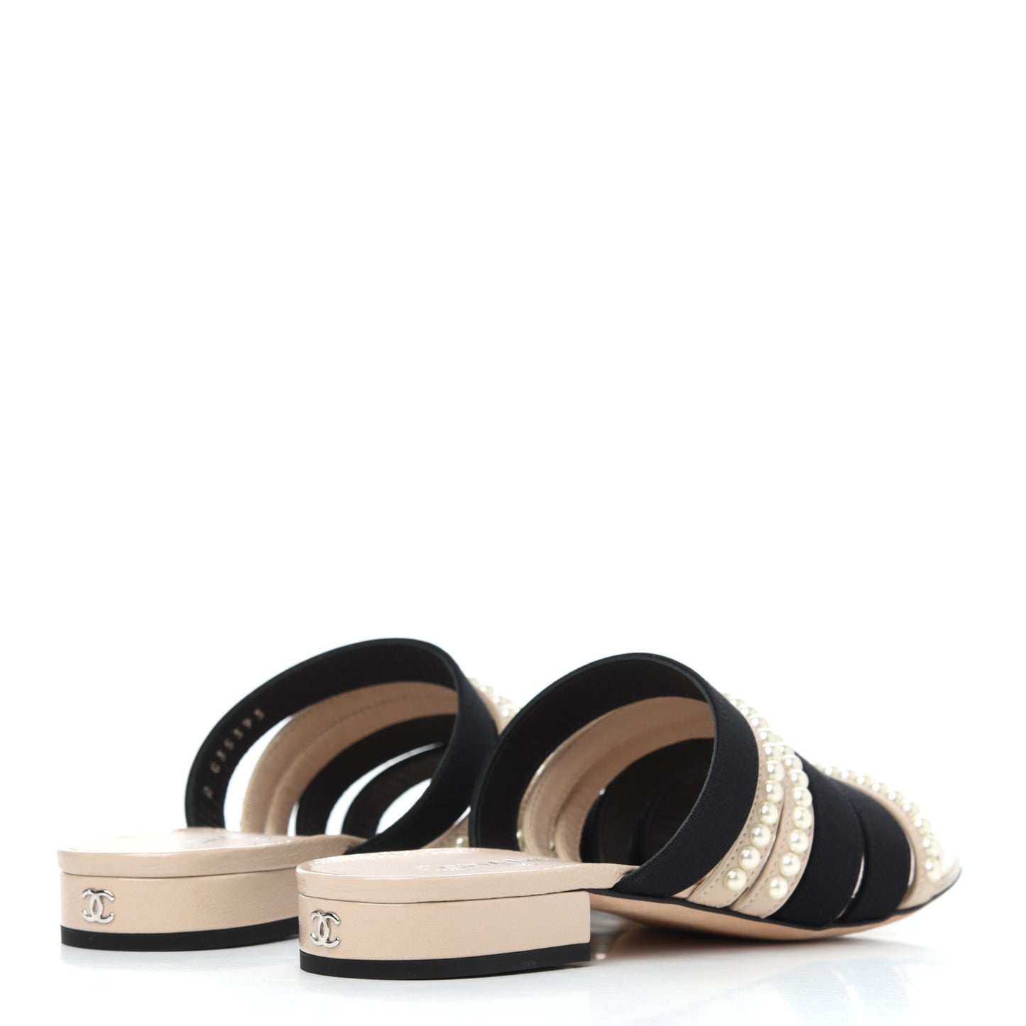 Patent Calfskin Grosgrain CC Pearl Mules 36 Beige Black