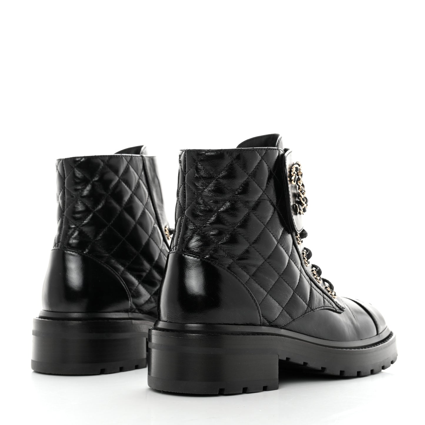 Shiny Calfskin Quilted Lace Up Combat Boots 36 Black