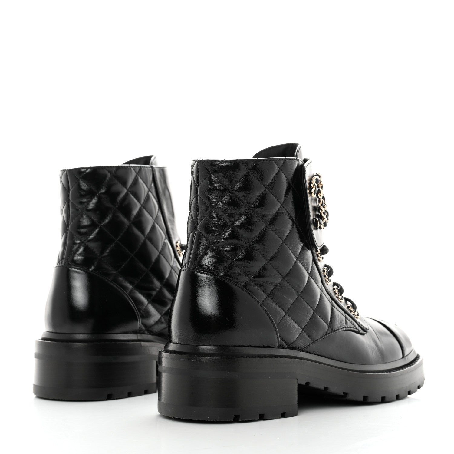 Chanel Shiny Calfskin Quilted Lace Up Combat Boots 36 Black 4 of 9