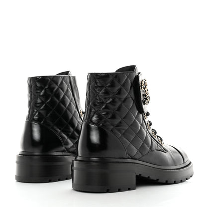 Chanel Shiny Calfskin Quilted Lace Up Combat Boots 36 Black 4 of 9