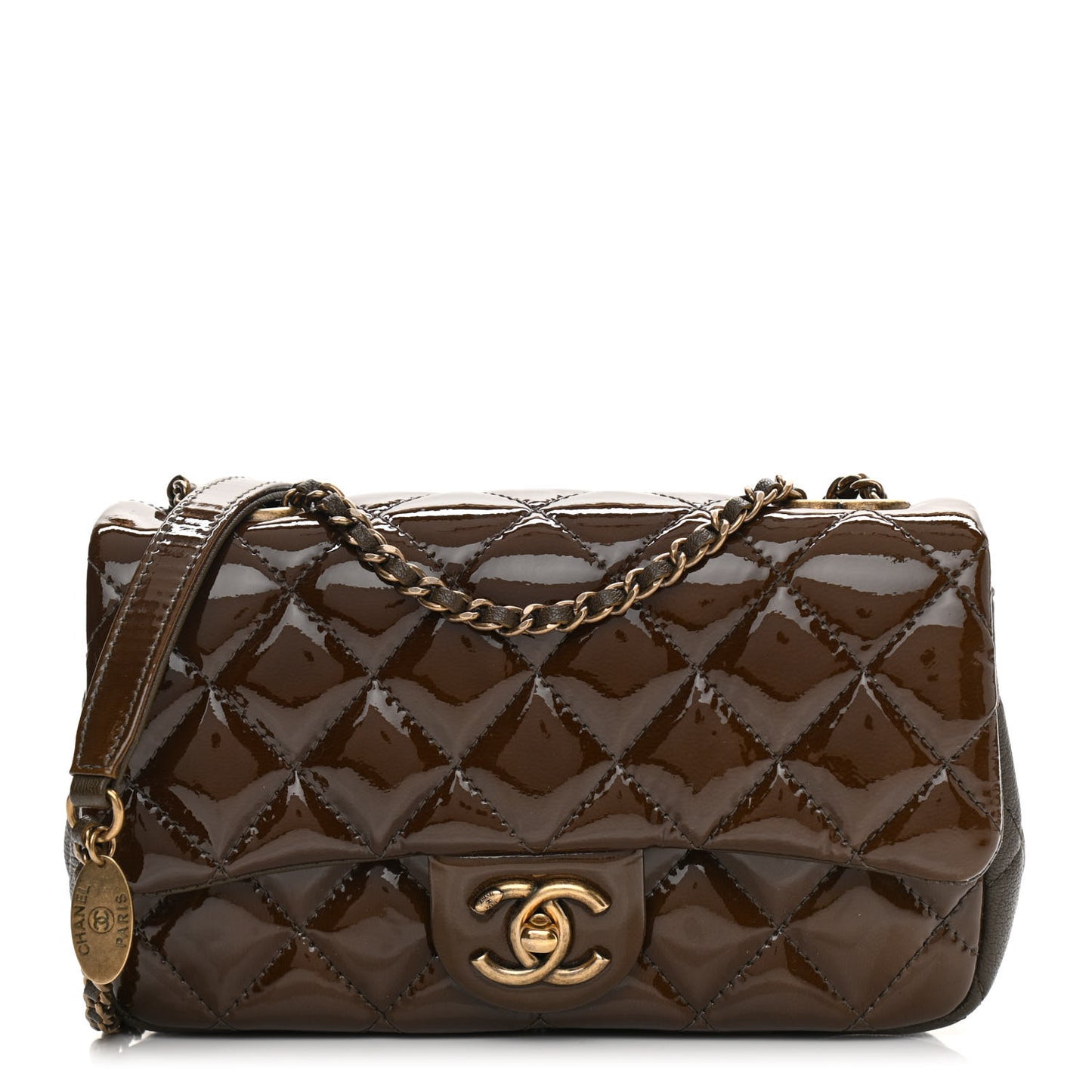 Patent Goatskin Quilted Small CC Eyelet Flap Khaki