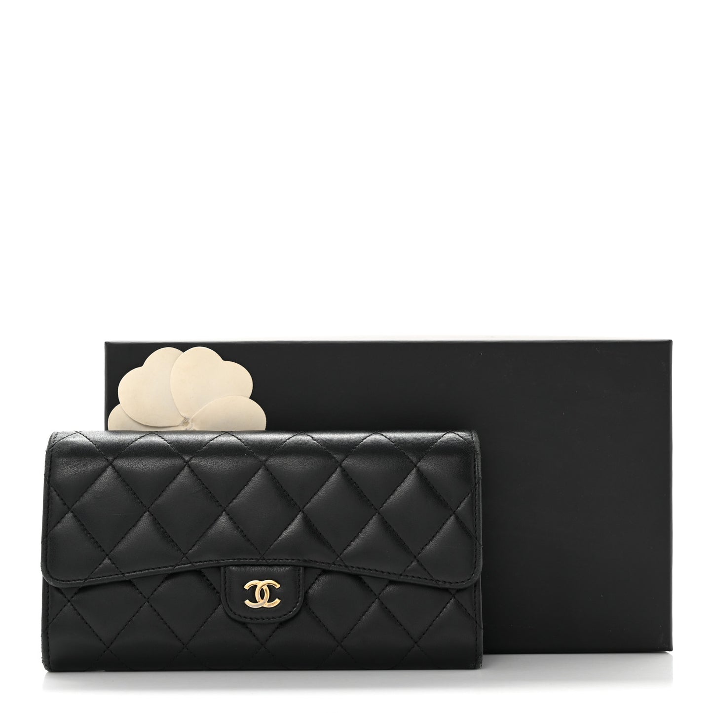 Lambskin Quilted Large Flap Gusset Wallet Black