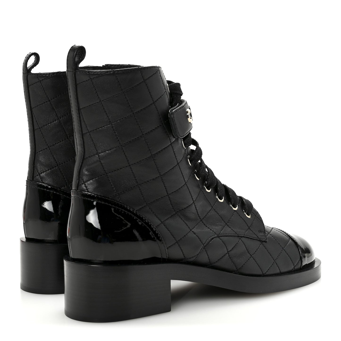Lambskin Patent Calfskin Quilted Logo Lace Up Combat Boots 40.5 Black