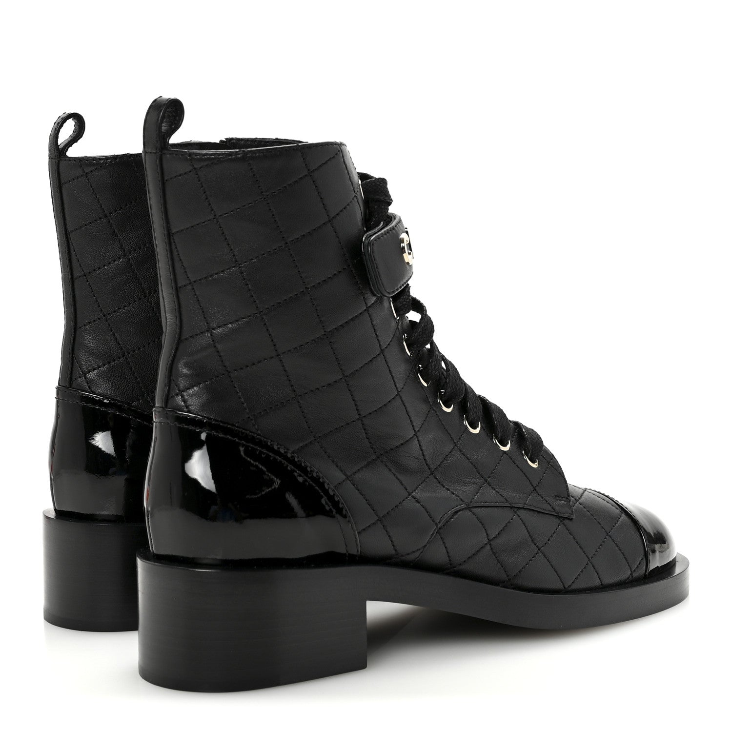 Chanel Lambskin Patent Calfskin Quilted Logo Lace Up Combat Boots 40.5 Black 5 of 10