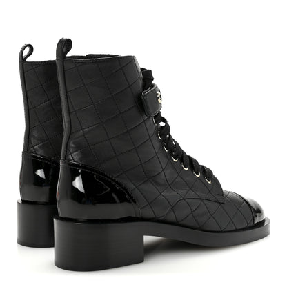 Chanel Lambskin Patent Calfskin Quilted Logo Lace Up Combat Boots 40.5 Black 5 of 10