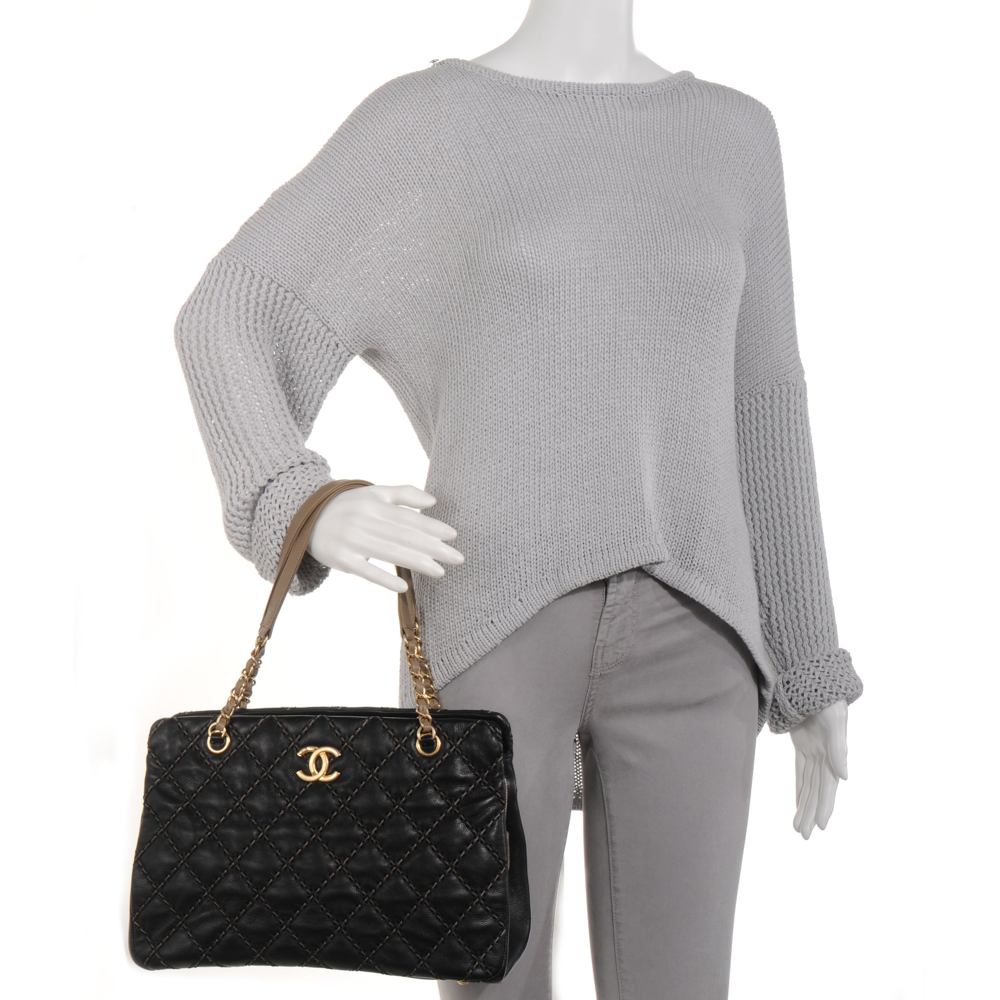 Chanel Calfskin Double Contrast Stitch Large Tote Black 2 of 7