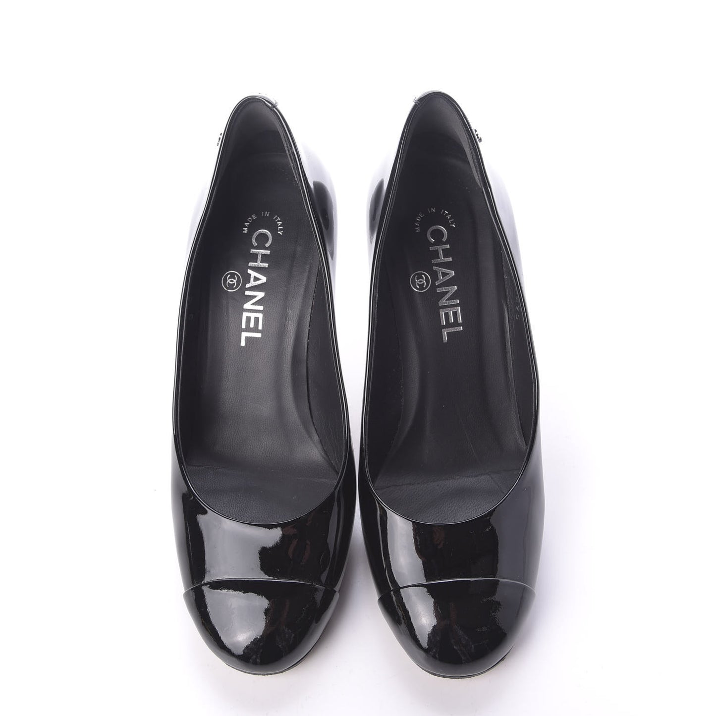 Patent Calfskin Cap Toe CC Pearl Pumps 37.5 Black