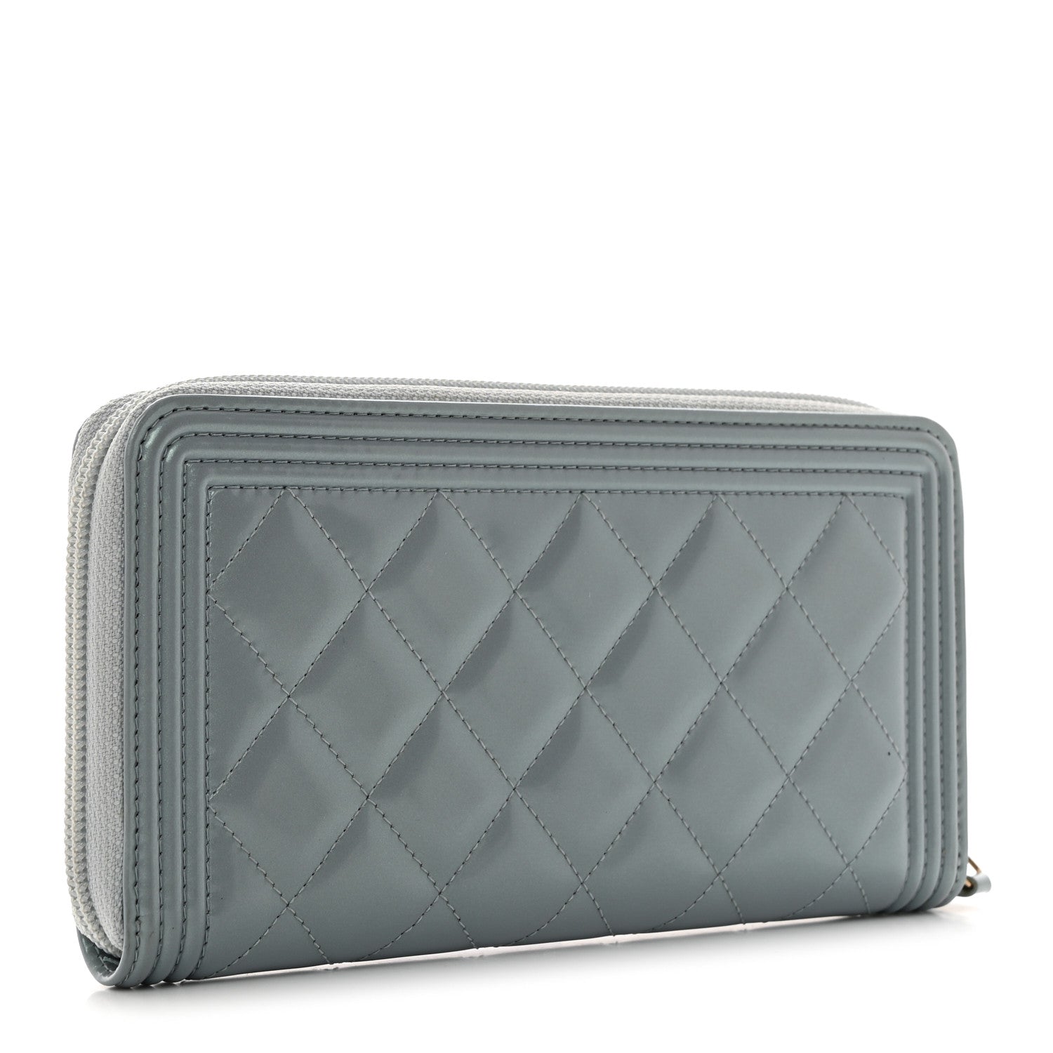 Chanel Metallic Patent Quilted Boy Zip Around Wallet Light Blue 3 of 9