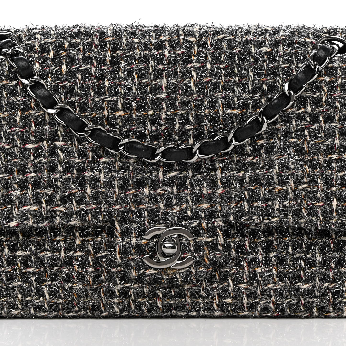 Metallic Tweed Medium Double Flap Black White