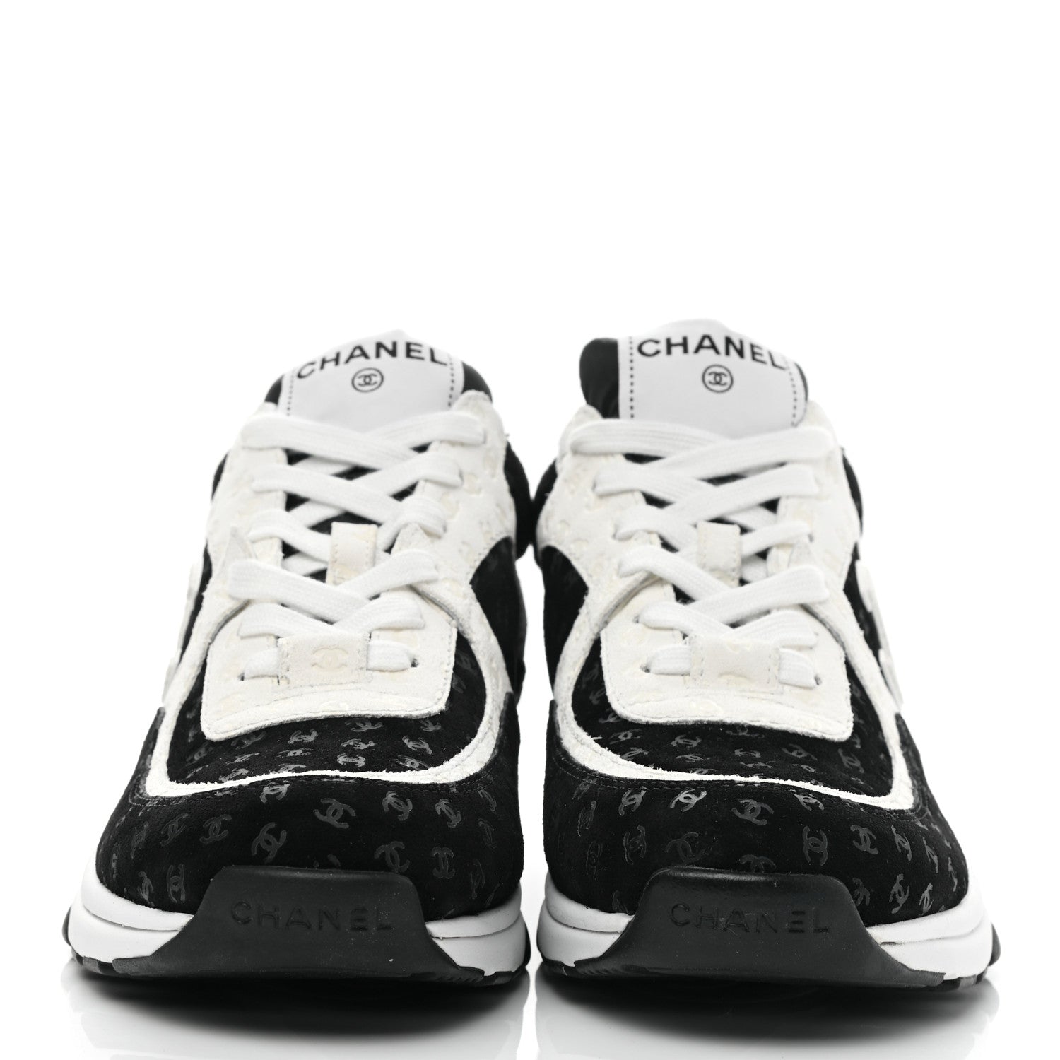 Chanel Suede Calfskin Printed CC Sneakers 38.5 Black White 2 of 10