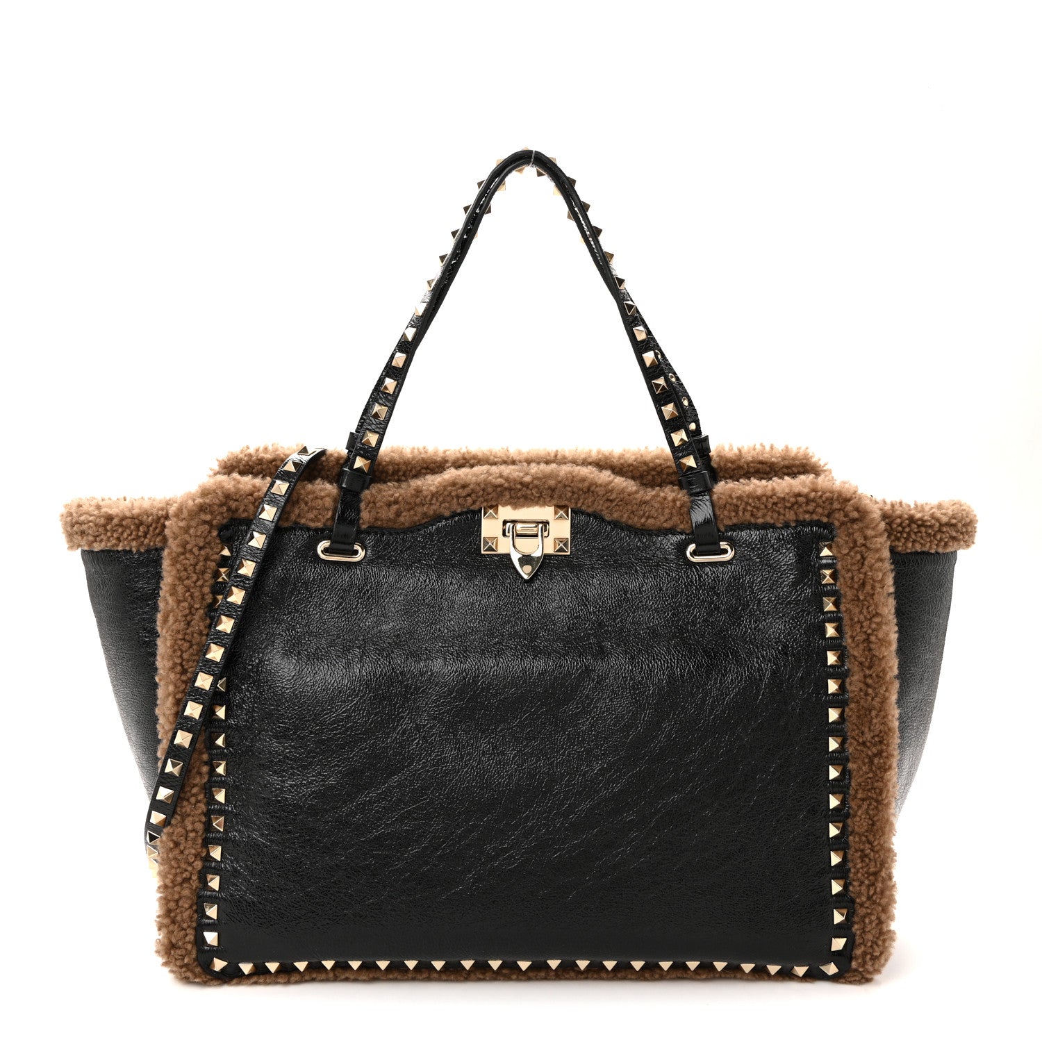 Valentino Garavani Textured Patent Calfskin Shearling Medium Rockstud Tote Black 1 of 11
