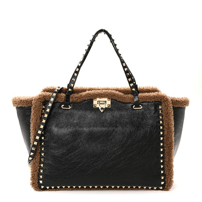 Valentino Garavani Textured Patent Calfskin Shearling Medium Rockstud Tote Black 1 of 11