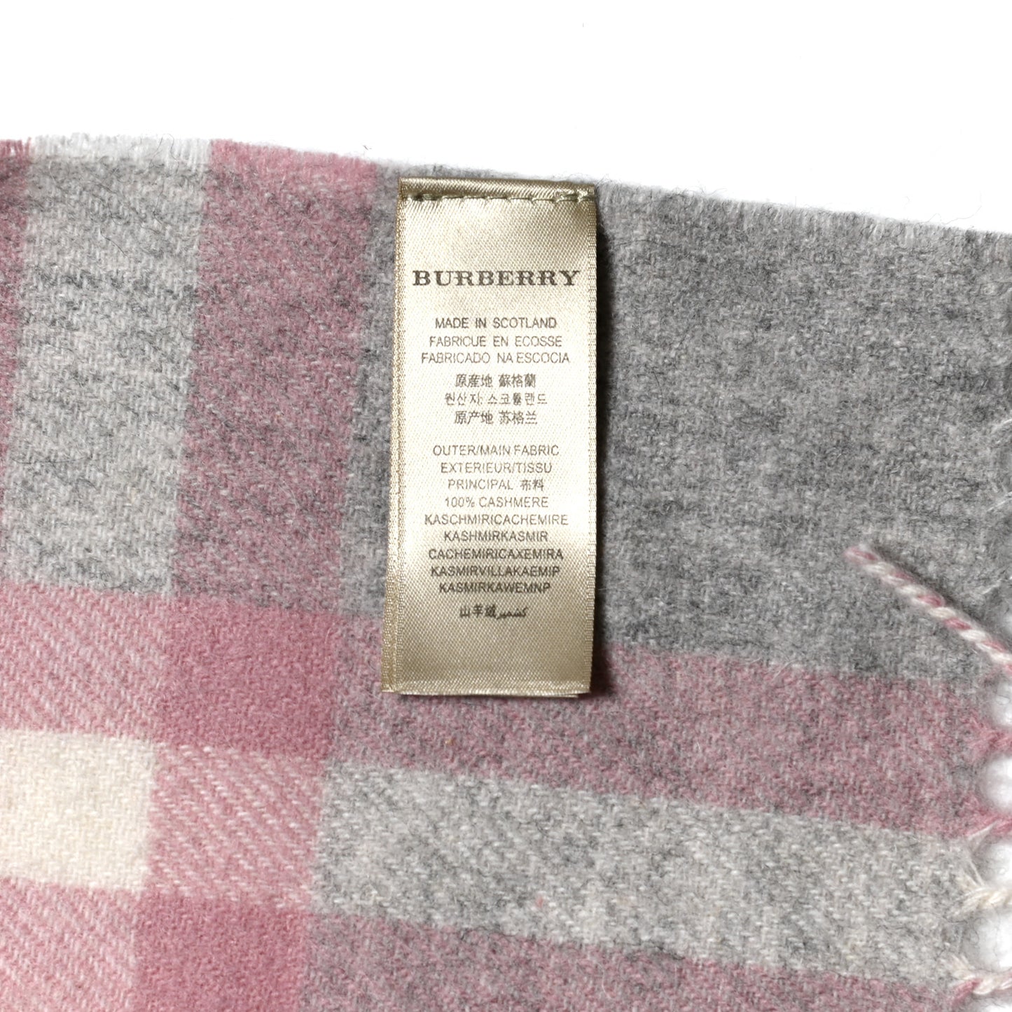 Cashmere Giant Check Fringe Scarf Grey Pink