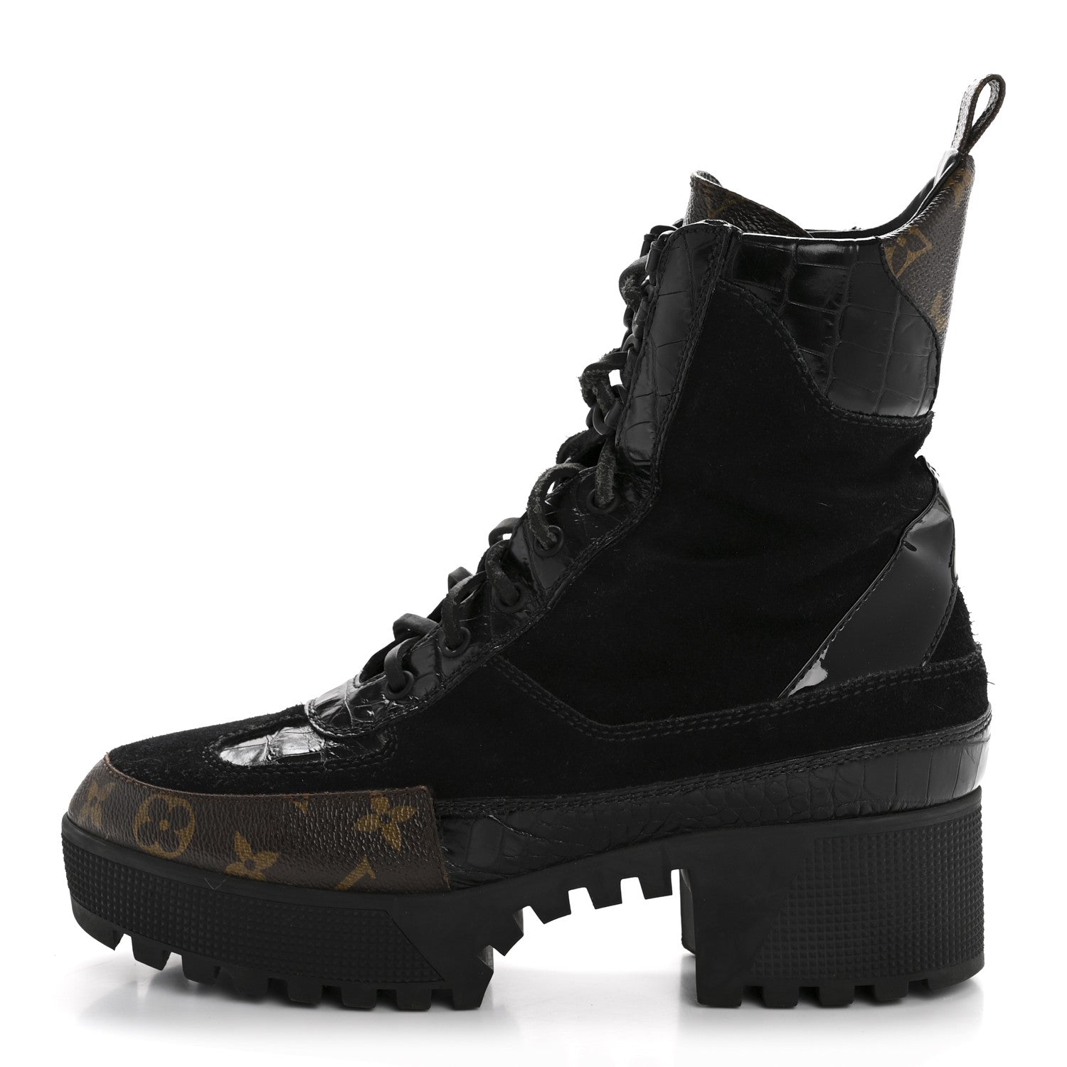 Louis Vuitton Suede Calfskin Crocodile Embossed Patent Monogram Laureate Platform Desert Boots 39 Black 1 of 10