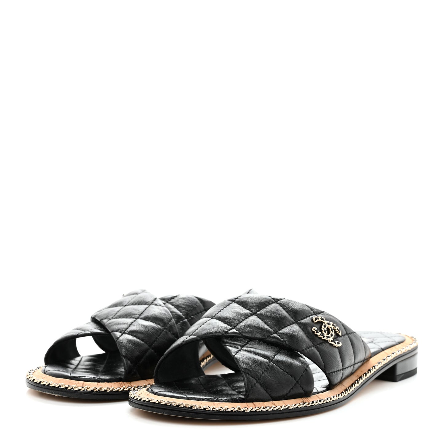 Lambskin Quilted Chain CC Sandals 40.5 Black