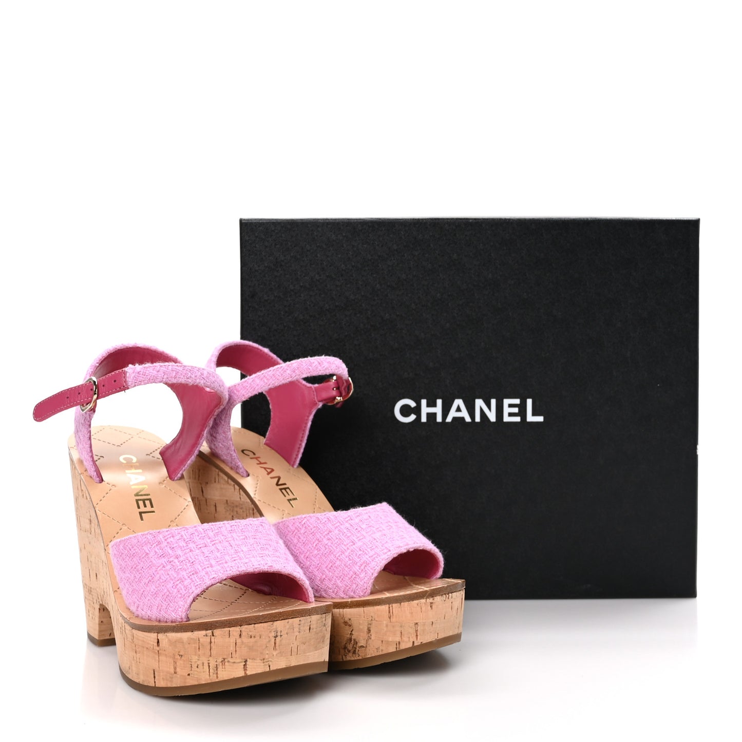 Tweed Cork CC Wedge Sandals 38 Pink