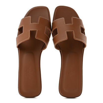Hermes Box Calfskin Oran Sandals 37.5 Gold 2 of 10