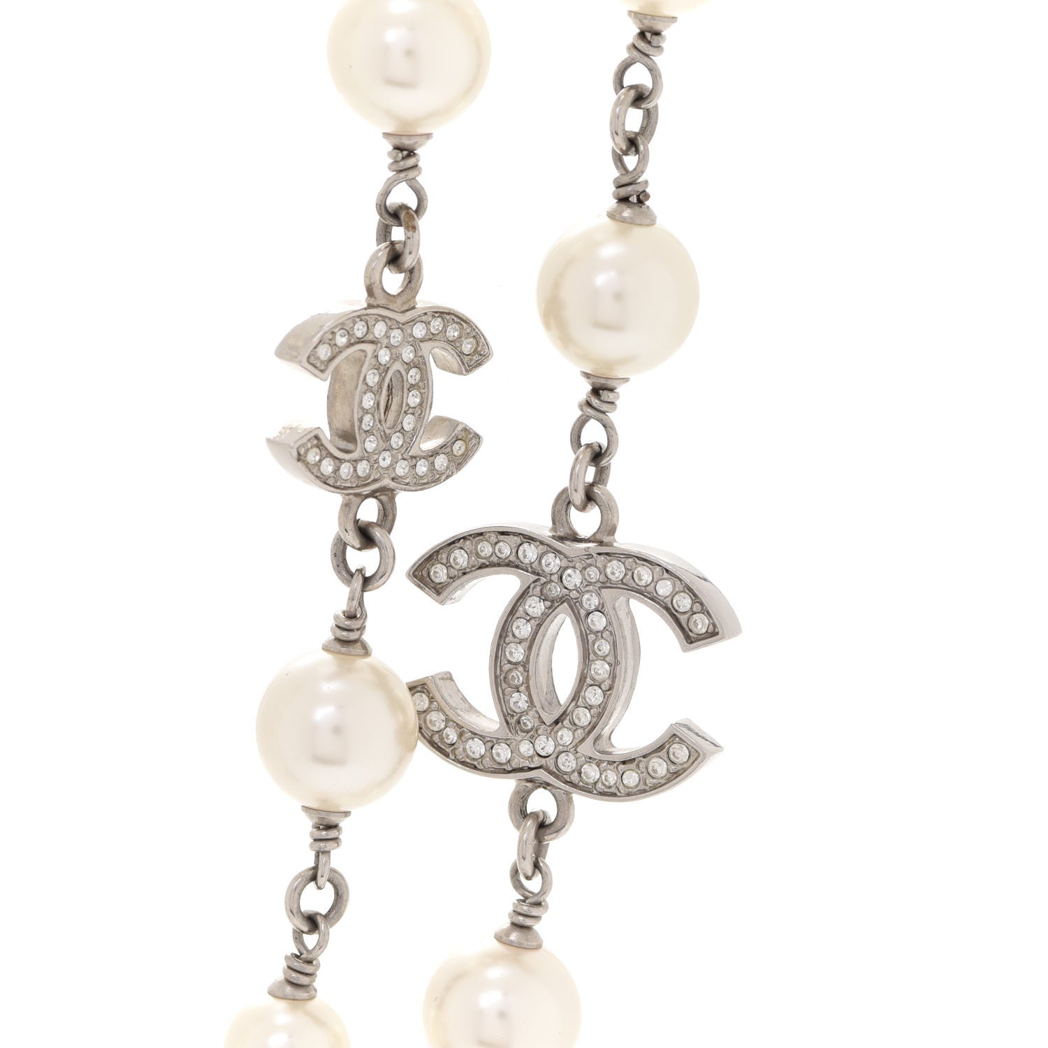 Chanel Crystal Pearl CC Long Necklace Silver 4 of 6