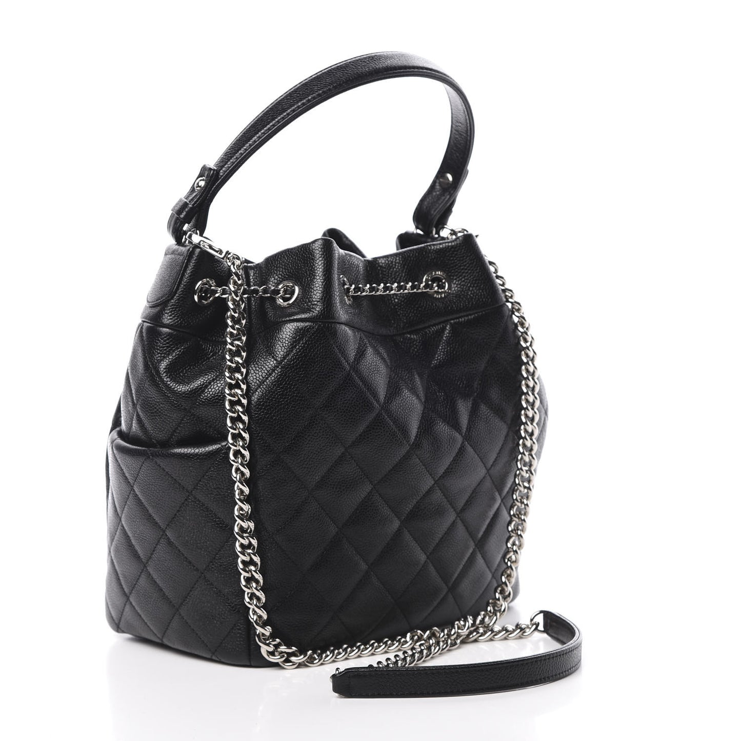 Grained Calfskin Quilted Medium CC Chain Bucket Drawstring Bag Black